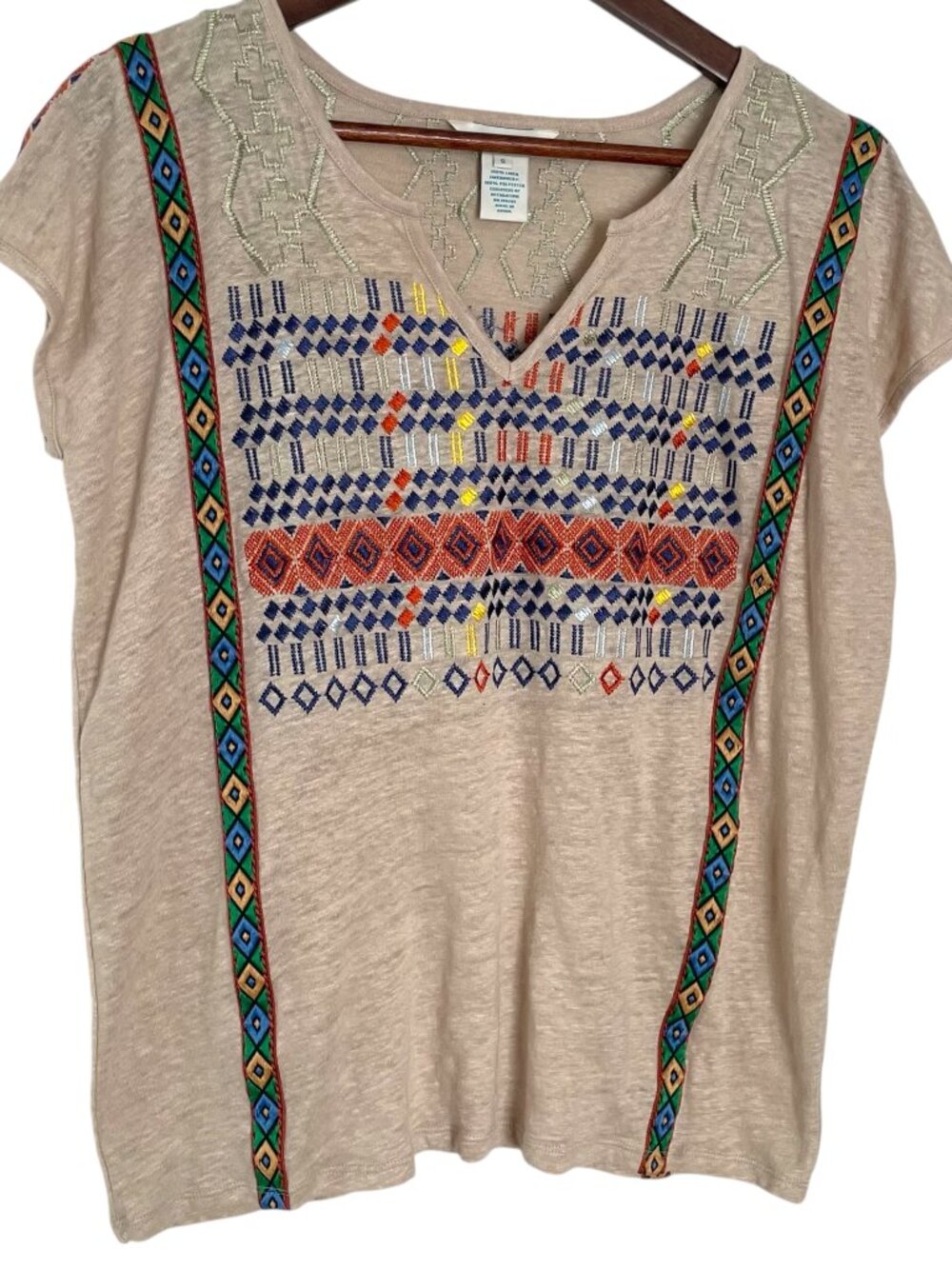 Sundance Barranca Top Small S Tan Embroidered 100% Linen Shirt Bohemian V Neck